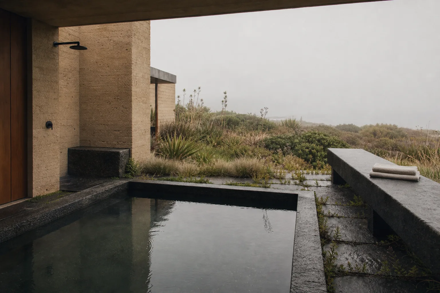 Piscina privada de pedra escura num pátio de taipa, com duche exterior e mato molhado ao fundo.